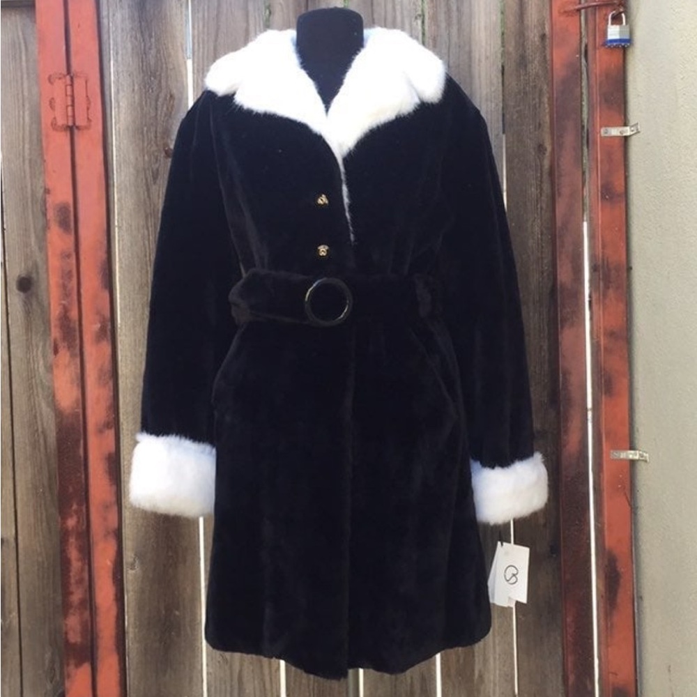 St. John Black Velvet Coat with White Fur Trim